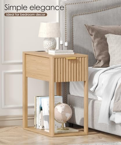 Akxomel Narrow Nightstand with Charging Station Fluted Table Walnut | Wooden Slim Bedside Table, Mid-Century Modern Night Stand with Drawer and Open Shelf, Small Side End Table, for Bedroom - color: Natural Oak, size: 21.7"D x 11"W x 23.6"H