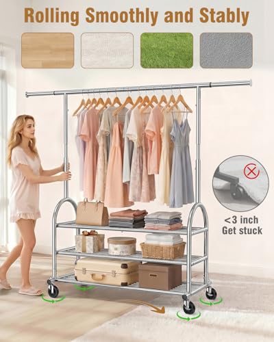 Heavy Duty Clothes Rack for Hanging Clothes Load 688 LBS, Height Adjustable Rolling Clothing Racks, Portable Metal Coat Rack Garment Wardrobe with Wheels and 3 Shelves for Bedroom, Silver - color: Silver, style: 3 Shelves