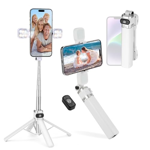 Mini Phone Tripod Stand,MQOUNY 38" Phone Tripod &Selfie Stick with Wireless Rechargeable Remote & Removable Light, Extendable Tripod Stand 360 Rotation Compatible with Phone&Android Samsung (White) - color: White