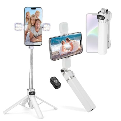 Mini Phone Tripod Stand,MQOUNY 38" Phone Tripod &Selfie Stick with Wireless Rechargeable Remote & Removable Light, Extendable Tripod Stand 360 Rotation Compatible with Phone&Android Samsung (White) - color: White