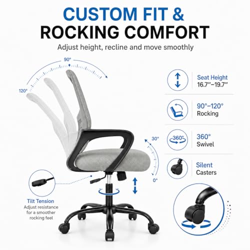 Ergonomic Office Chair, Home Office Desk Chair, Game Chair with Lumbar Support, Breathable Mesh Chairs, Swivel Desk Chairs for Computer, Home, Office, 360° Swivel (Grey) - color: Grey With Fixed Armrest