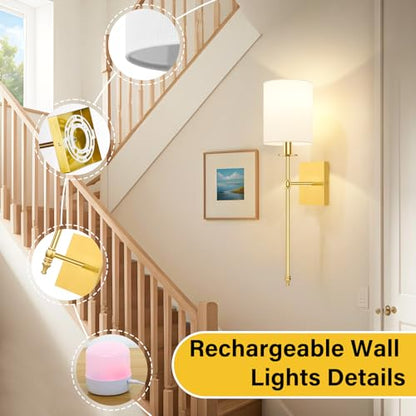 27 Inch Wall Sconces Battery Operated Set of 2, Rechargeable Wireless Wall Sconces Lights with Remote, Not Hardwired Dimmable Gold Wall Lamps with White Fabric Shade for Bedroom, 2 Bulbs Included - color: Gold and White, size: 27 inch