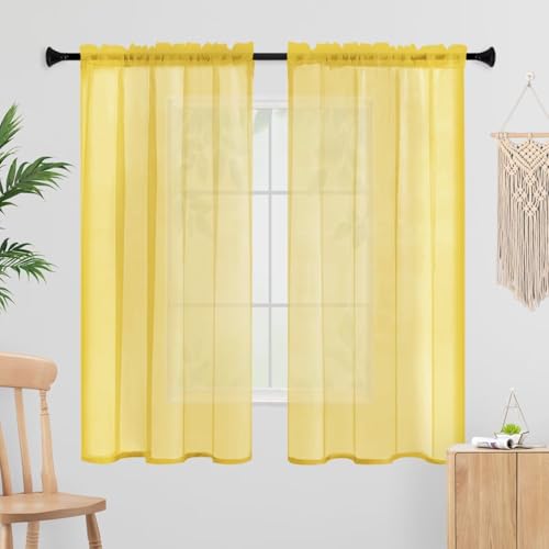 Sheer Curtains 45 Inches Long 2 Panels, Rod Pocket Short Curtain for Kitchen, Bedroom, Cafe Window(Yellow 38" W x 45" L) - color: Yellow, size: 38"W x 45"L (Pack of 2)