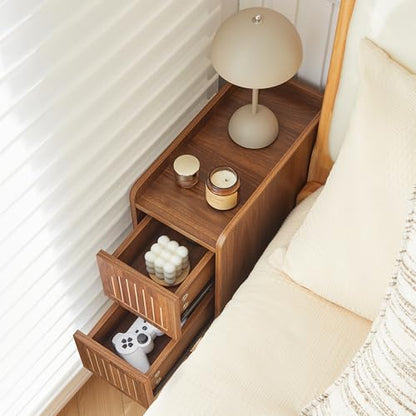 Narrow Nightstand Set of 2, Wooden Small 2 Drawer Nightstand, Slim Side End Table, Skinny Bedside Table, Mid Century Modern Night Stand with Drawers for Bedroom (Deep Walnut-2 pcs) - color: Deep Walnut-2 Pcs