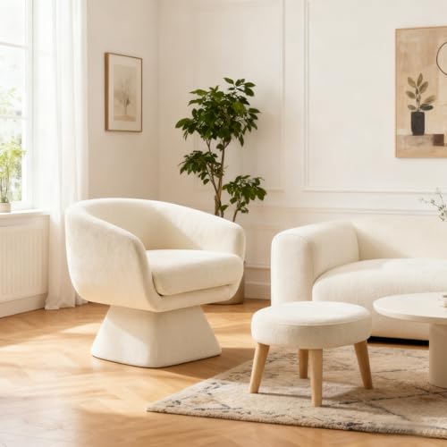 Swivel Barrel Chair and Ottoman Set, 360 Degree Club Chair, Comfy Boucle Armchair and Footstool, Upholstered Accent Sofa Chair w/Footrest for Living Room Bedroom Reception Room, White - color: White, size: Swivel chair