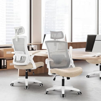 NEO CHAIR Office Desk Chair with Ergonomic High Back Mesh Headrest, Beige | Adjustable Headrest and Lumbar Support with Flip-Up Armrests Designed for Extended Sitting Comfort While Saving Space - color: Beige
