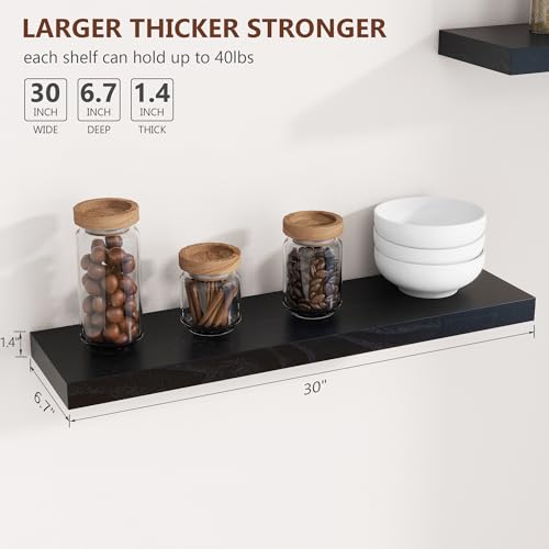 fuqing 30 Inch Floating Shelves, 6.7 Inch Deep Black Wall Shelves Set of 2 | 30'' x 6.7'' x 1.4'' Black Wood Shelves for Bathroom, Living Room, 40LBS, Lightweight, Hardware Included, Waterproof Finish - color: Black, size: 30 Inch