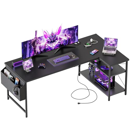 55 inch L Shaped Gaming Desk, Large Corner Desk with Shelves | Reversible Computer Desk with Power Outlets & Storage Bag, Office Table for Home Bedroom Study Work Writing - color: Black, size: 54 inch