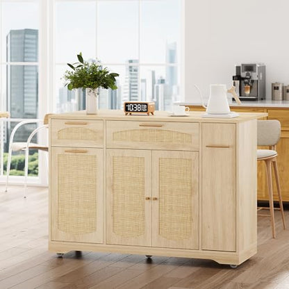 Garvee Rolling Kitchen Island Table on Wheels with Drop Leaf, Tilt Out Trash Can Cabinet, Storage Cabinet, Drawer, Spice Rack, Kitchen Cart, 53.1" Wide, Natural - color: Natural