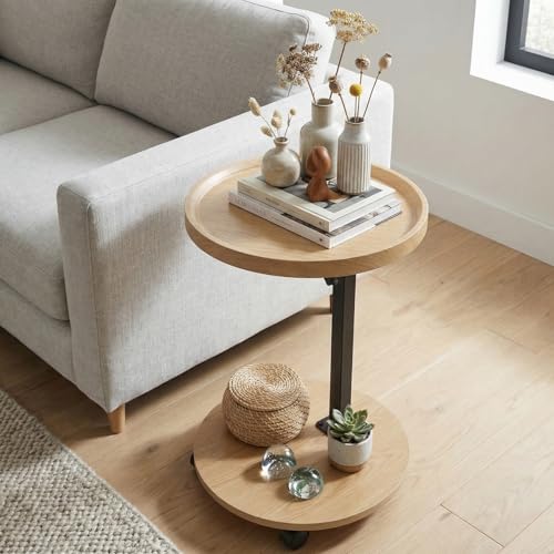 C Table End Table Adjustable Height, Couch Tables That slide under for Small Spaces, 360°Swivel TV Tray Table, C Shaped Side Tables Living Room and Bedroom for Sofa, Bed, Chair, Snack (Wood Color) - color: Wood Color