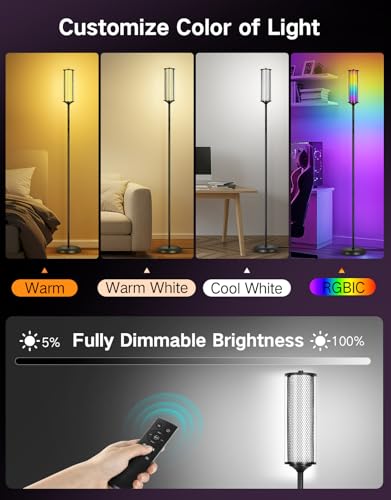 OUTON Bright Smart Floor Lamp with Remote, App & Touch Control, RGB Color Changing Standing Lamp, 2200K-6500K Dimmable, 3 Adjustable Heights, 32 Scenes for Living Room Bedroom Office,Black & Glass - color: Black & Glass Shade