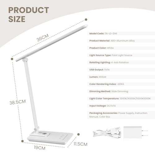 TECHNOVA LED Desk Lamp with 5 Color Temperatures | Sliding Stepless Dimming & One-Touch Timer | Foldable & Portable Design for Office/Study/Nail Art | Four-Axis Rotation for Small Desks