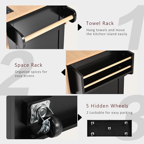 55.7" W Kitchen Island with 2 Drop Leaf, Moblie Kitchen Cart On Wheels with Storage Cabinet, 3 Drawers, Multifunctional Rolling Dining Table with Power Outlet, Spice & Towel Rack (Black-v) - color: Black-v)