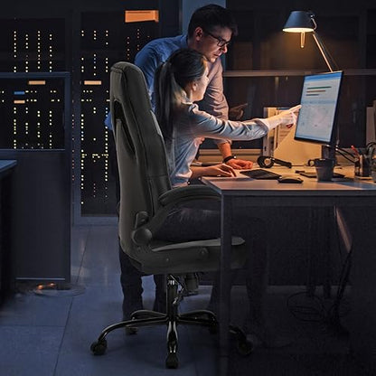 Sweetcrispy Computer Gaming Desk Chair - Ergonomic PU Leather with Comfy Lumbar Support, Height Adjustable Rolling Desk with Flip-up Armrests, for Home and Office - color: Grey
