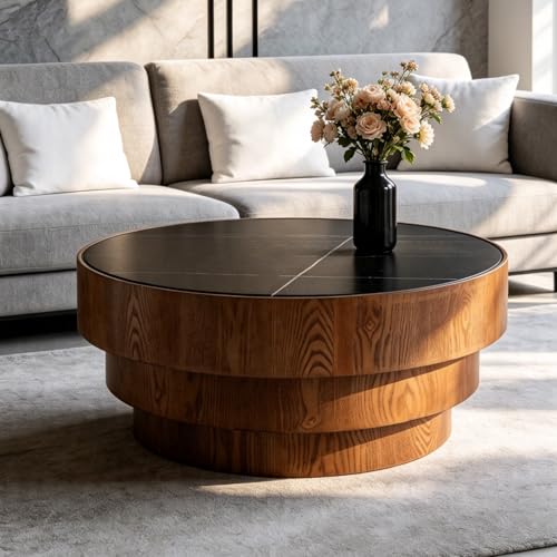 31.5" Round Black Sintered Stone Coffee Table, Mid-Century Modern Marble Coffee Table with Stable Wood Pedestal Base, Circle Drum Cocktail Center Tea Tables for Living Room Bedroom Apartment - color: Black
