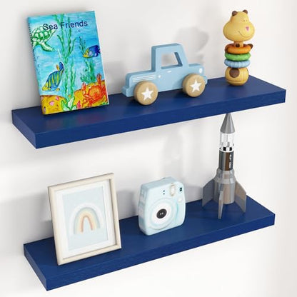 fuqing 30 Inch Floating Shelves, 6.7 Inch Deep Blue Wall Shelves Set of 2 | 30'' x 6.7'' x 1.4'' Dark Blue Shelves for Boys' Room Living Room, 40LBS, Lightweight, Hardware Included, Waterproof Finish - color: Dark Blue, size: 30 Inch