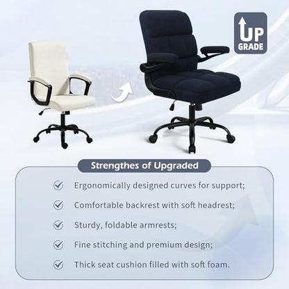 Office Chair with Wheels, Ergonomic Home Office Computer Chair with Flip-up Armrest, Adjustable Rolling Desk Chair Teddy Fleece – Dark Blue - color: Dark Blue
