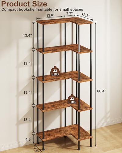 5-Tier L-Shaped Corner Bookshelf, 60" Tall Modern Corner Shelf | L-Shape Corner Fits Living Room, Bedroom, or Home Office Corners, 5 Open Shelves, Display Rack for Books, Plants, and More - color: Rustic Brown, size: 5 Tier