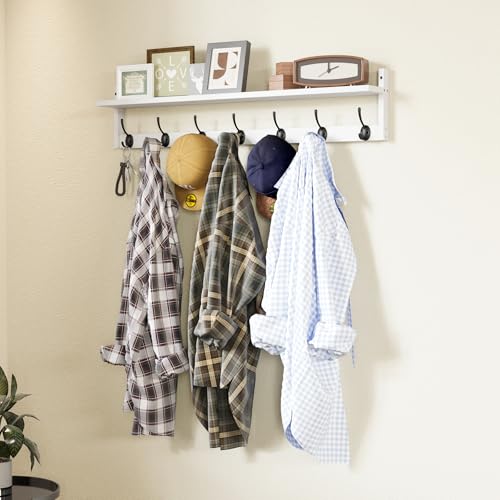 BAMEOS 35" L Wall Hooks with Shelf, Entryway Coat Hooks, Wood Wall Hanging Shelf, Wall-Mounted Coat Rack with 7 Dual Metal Hooks for Bathroom, Kitchen, Living Room, Bedroom (White) - style: White-35IN with shelf