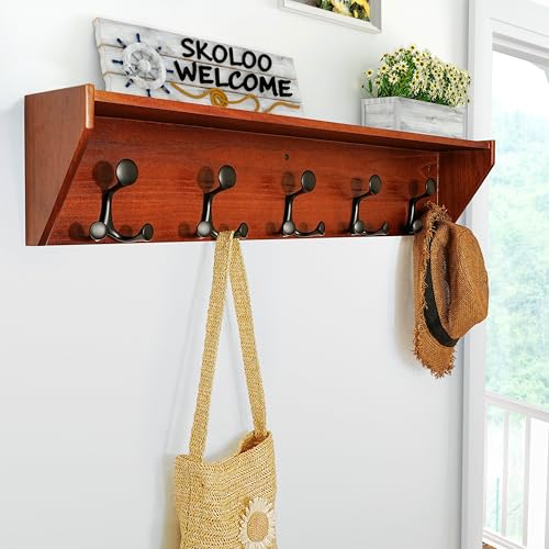 SKOLOO Wall Shelf with Hooks, 35-Inch Cherry Coat Rack Wall Mount with Shelf Organizer - Lightweight & Sturdy, 5 Tri Hooks - Perfect for Entryway, Hallway, Living Room, Bedroom, Mudroom - color: Cherry, size: 35 inch with 5 hooks