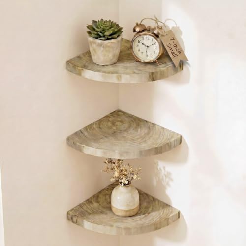 3 Pcs Small Corner Floating Shelves for Wall Solid Wood 7 Inch Rounded Corner Shelves Wall Mounted Natural Solid Elm Wood Shelf Rustic Style Wooden Hanging Shelf for Bedroom Decor(Wooden)