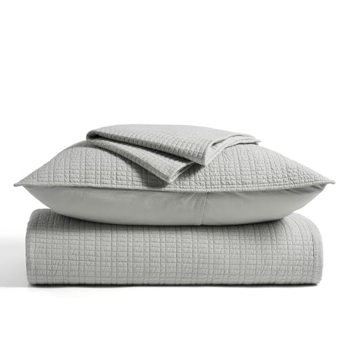 100% Cotton Modern Grid Stitch Quilt Set Queen Size, Drizzle Gray | Pre-Washed Cotton Coverlet Bedspread, Oversized Lightweight 3-Piece Bedding Set for All Season, with 2 Pillow Shams - color: Drizzle Gray, size: Full/Queen (96" X 94")
