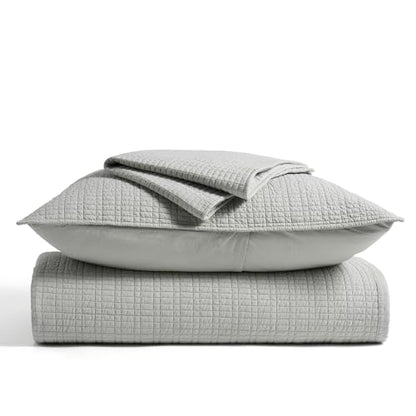 100% Cotton Modern Grid Stitch Quilt Set, King Size, Drizzle Gray | Pre-Washed Cotton Coverlet Bedspread, Oversized Lightweight 3-Piece Bedding Set for All Season, with 2 Pillow Shams - color: Drizzle Gray, size: King (110" X 94")