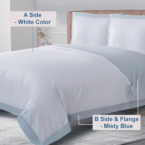 THE COTTON & SILK® Long-Staple Cotton Duvet Cover Set - King Size | White + Misty Blue | 1 Duvet Cover & 2 Pillow Shams | Soft, Breathable, Comfortable, Luxury | Sateen Weave | Genuine 300 TC - color: White + Misty Blue, size: King Set (105“ x 93", 20"x36