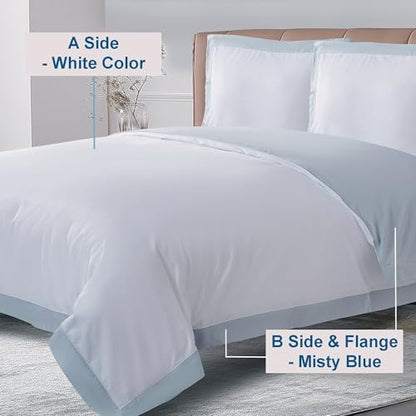THE COTTON & SILK® Long-Staple Cotton Duvet Cover Set - King Size | White + Misty Blue | 1 Duvet Cover & 2 Pillow Shams | Soft, Breathable, Comfortable, Luxury | Sateen Weave | Genuine 300 TC - color: White + Misty Blue, size: King Set (105“ x 93", 20"x36