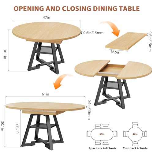Extendable Dining Table for 4-8, Round Extendable Dining Room Table with Removable Leaf & Storage Shelf, Expandable Oval Kitchen Table with Pedestal Base, Modern Industrial Space Saving (Natural) - color: Natural