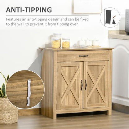 HOMCOM Farmhouse Sideboard Buffet Cabinet Barn Door Natural Wood Effect | Coffee Bar Cabinet, Drawer, Adjustable Shelf, Kitchen, Living Room, Entryway - color: Natural Wood Effect