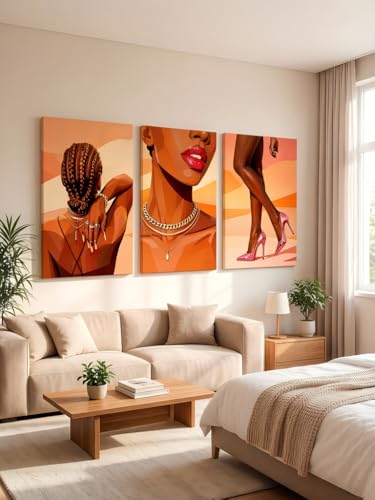 RYZopmuy Black Girl Wall Art Set of 3 Modern Black Female Painting Pictures | African American Black Women Canvas Posters Black Female Painting Pictures for Bedroom Living Room Bathroom 12x16in - color: African American women, size: 16L"x12W"