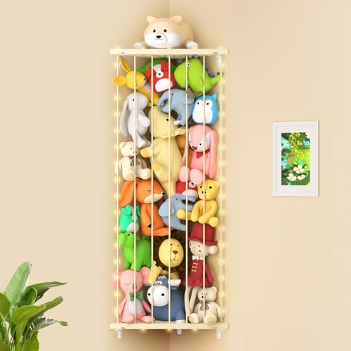 Stuffed Animal Storage Shelf Organizer(Patented) - Corner Stuffed Animal Holder Length Adjustable - Wall Plush Storage with Light for Nursery Playroom Bedroom Kids Room (Beige) - color: Beige+light, size: Standard