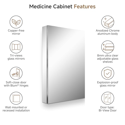 24" x 36" Bathroom Medicine Cabinet with Mirror, Recessed or Wall Mount | Medicine Cabinets with Adjustable Glass Shelves, Soft-Closed Hinge, Chrome Aluminum Frame, Reverse Installation - size: 24" x 36"