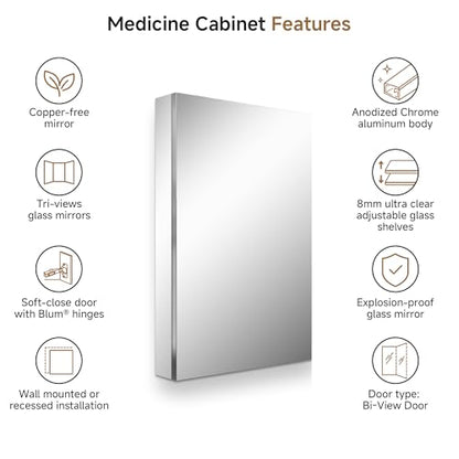 24" x 36" Bathroom Medicine Cabinet with Mirror, Recessed or Wall Mount | Medicine Cabinets with Adjustable Glass Shelves, Soft-Closed Hinge, Chrome Aluminum Frame, Reverse Installation - size: 24" x 36"