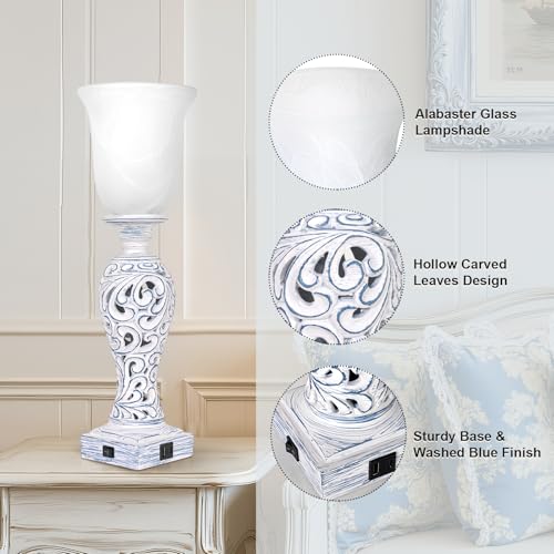 3-Way Dimmable Table Lamp with 2 USB Charging Ports, Washed Blue Finish | 20" Desk Lamp, Uplight, White Alabaster Glass Shade, Rustic Farmhouse Nightstand Light for Living Room Entryway or Office - color: Washed Blue-1 PCS