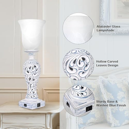 3-Way Dimmable Table Lamp with 2 USB Charging Ports, Washed Blue Finish | 20" Desk Lamp, Uplight, White Alabaster Glass Shade, Rustic Farmhouse Nightstand Light for Living Room Entryway or Office - color: Washed Blue-1 PCS