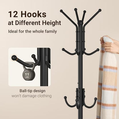 ELYKEN Coat Rack Freestanding, Metal Coat Rack with Umbrella Holder | 12 Hooks, Round Base, Heavy Duty Floor Standing Coat Tree for Entryway, Hallway, Living Room, Bedroom, Office, Black - color: Black