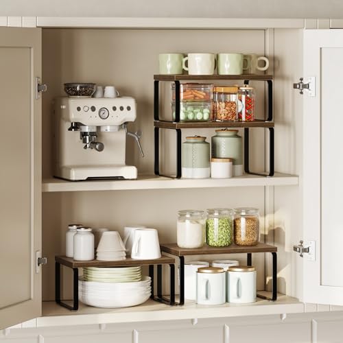 HOOBRO Cabinet Organizer Shelf, Set of 2 Kitchen Counter Shelves, Expandable Kitchen Storage, Stackable Bamboo Spice Rack, for Kitchen, Countertop, Office Desk, Bathroom, Mocha and Black CB30TL01 - color: Mocha, Black