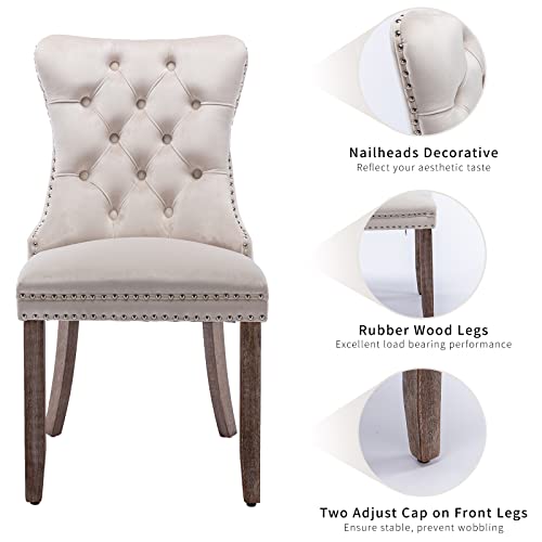 Beige Velvet Dining Chairs Set of 2, Tufted Kitchen & Dining Room Chairs | Two Fabric Tufted Dinning Chairs, Velvet Upholstered, Wing Back, Metal Pull Ring, Wood Frame, Mid Century Modern - color: A-1 Beige Velvet, Wood Legs, size: 2