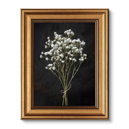 VIYYIEA Vintage Gold Framed Wall Art, Retro Dark Dried Wildflower Canvas, Aesthetic Classic Botanical Baby's Breath Bouquet Pictures, Victorian Wall Decor for Room Gallery Living Room Bathroom,8x10inch - color: Gypsophila, size: 10"L x 8"W