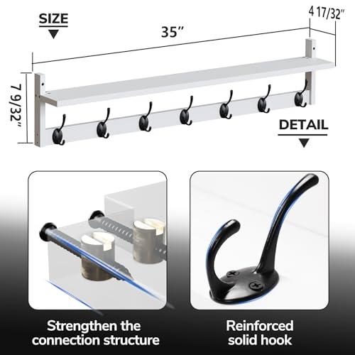 BAMEOS 35" L Wall Hooks with Shelf, Entryway Coat Hooks, Wood Wall Hanging Shelf, Wall-Mounted Coat Rack with 7 Dual Metal Hooks for Bathroom, Kitchen, Living Room, Bedroom (White) - style: White-35IN with shelf