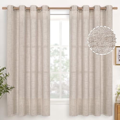 YoungsTex Linen Semi Sheer Curtains 63 Inch Length, Light Filtering Drapes | Bronze Grommet Beige Window Treatments for Office Bedroom Living Room, 2 Panels, 52 X 63 Inch - color: Natural, size: 52"W x 63"L (Pack of 2)