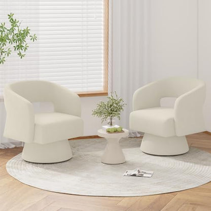 Luxanimarion Swivel Barrel Accent Chair,Oversized Chenille Upholstered Round Swivel Chair,Modern Luxury 360 Degree Living Room Vanity Chair for Bedroom Office,White,2PCS - color: Beige-chenille, size: Set of 2