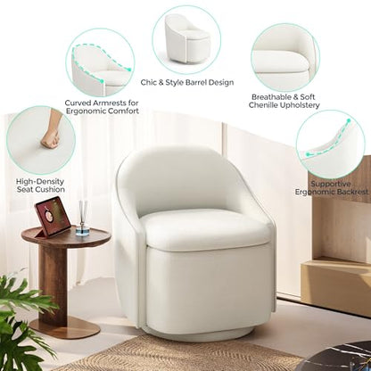 LINSY Swivel Accent Chair with Storage Comfy Chenille Barrel Chairs, Small 360 Swivel Modern Armchair for Living Room Bedroom, Boucle Reading Chair for Study Room (Beige) - color: Beige