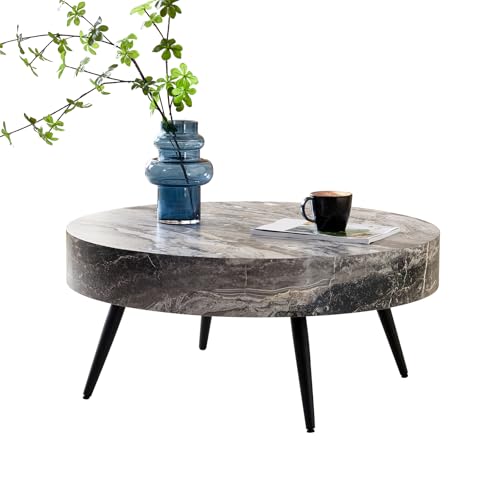 Round Coffee Table, Small Wood Marble Coffee Table with Metal Legs, Modern Mid Century Circle Tables Accent Center Tables for Living Room Apartment Small Space (31.5''D-Marble Grey) - color: Marble Grey