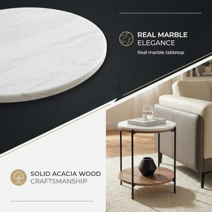 Lyra Round Marble End Table – Solid Acacia Wood Shelf, Open Storage Side Table for Living Room, Bedroom, Entryway, Small Spaces – Nightstand, Plant Stand, Modern Accent Table with Metal Frame - color: Lyra White
