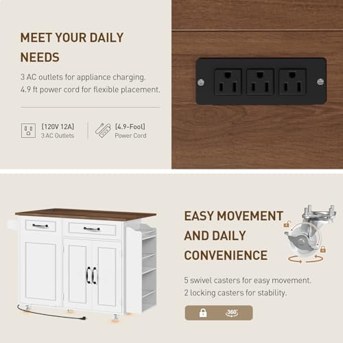 Kitchen Island with Power Outlet & Drop Leaf, Mobile Rolling Cart with Trash Can Storage, 3-Tier Spice Rack, Island Table for Kitchen, Dining Room, White and Walnut - color: White + Walnut