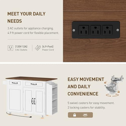 Kitchen Island with Power Outlet & Drop Leaf, Mobile Rolling Cart with Trash Can Storage, 3-Tier Spice Rack, Island Table for Kitchen, Dining Room, White and Walnut - color: White + Walnut