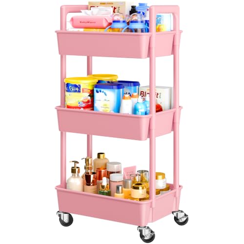 Pipishell 3 Tier Rolling Cart Organizer, Plastic Rolling Cart with Lockable Wheels & Reinforced Handle, Lightweight Utility Storage Cart for Nursery, Kitchen, Craft Room, Pink - color: Pink, size: 3-Tier